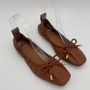 Tory Burch Ballet Flats Womens 5.5 Tan Leather Bow Square Toe Slip On